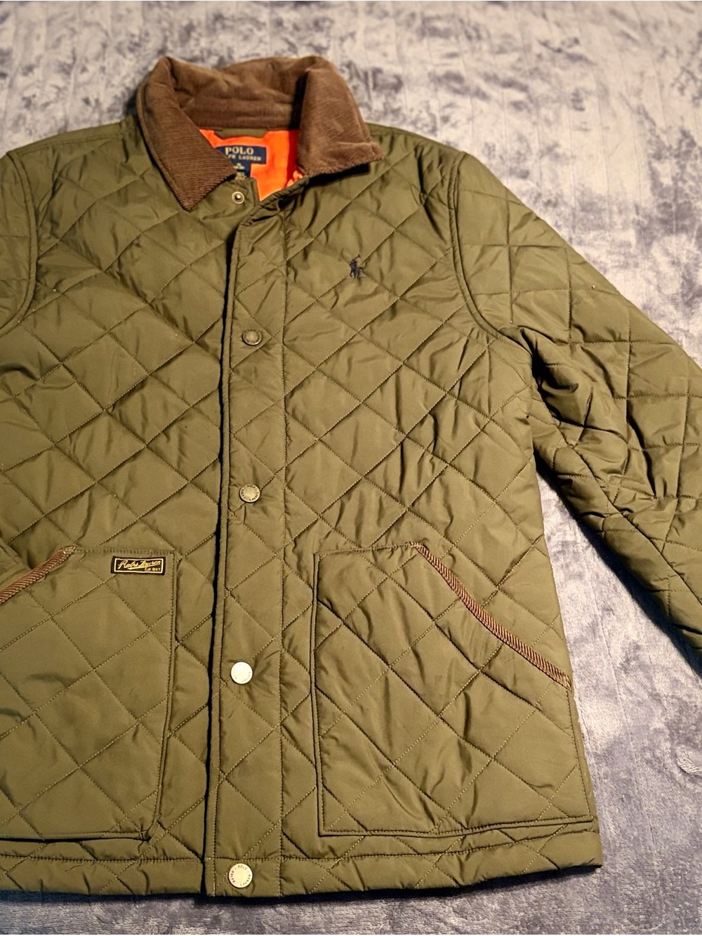 Polo by Ralph Lauren Olive Green Quilted Shirt Jacket with Brown Collar